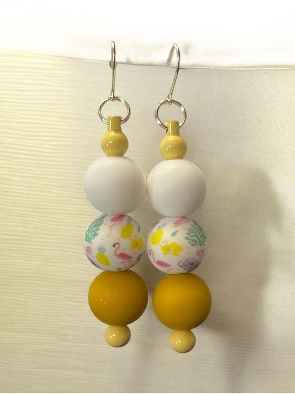 Yellow & White Beaded Dangle Earrings with Tropical Print
